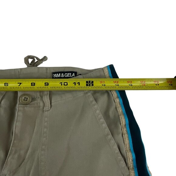 Pam & Gela Khaki Pants W/ Blue Side Stripes Frayed Hem Size 27 Casual Festival - Picture 7 of 10